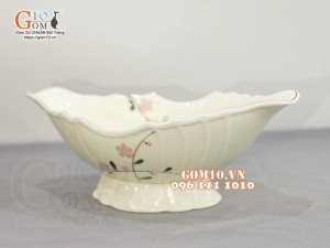 Bát thuyền sâu men kem vẽ hoa Đào Phai, 30x17cm