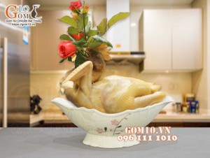 Bát thuyền sâu men kem vẽ hoa Đào Phai, 30x17cm