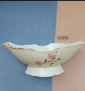 Bát thuyền sâu men kem vẽ hoa đào phai, 30x17cm