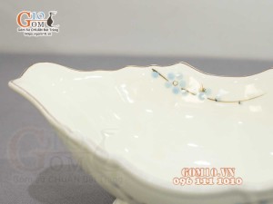 Bát thuyền sâu men kem vẽ hoa Đào xanh, 30x17cm