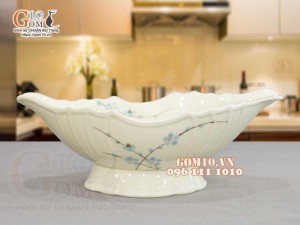 Bát thuyền sâu men kem vẽ hoa đào xanh, 30x17cm