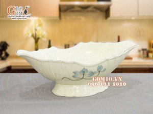 Bát thuyền sâu men kem vẽ hoa Sen xanh, 30x17cm