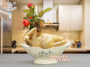 Bát thuyền sâu men kem vẽ hoa Sen xanh, 30x17cm