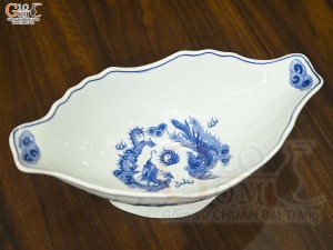Bát thuyền sâu men lam cổ Rồng Phượng Như Ý, 41x16cm