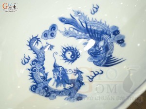 Bát thuyền sâu men lam cổ Rồng Phượng Như Ý, 41x16cm