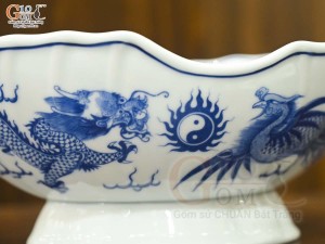 Bát thuyền sâu men lam cổ Rồng Phượng Như Ý, 41x16cm