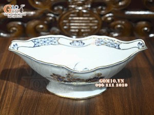 Bát thuyền sâu men lam cổ Sen Cát Tường, vẽ vàng 24k, 41x16cm
