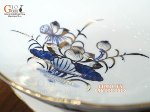 Bát thuyền sâu men lam cổ Sen Cát Tường, vẽ vàng 24k, 41x16cm