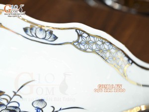 Bát thuyền sâu men lam cổ Sen Cát Tường, vẽ vàng 24k, 41x16cm