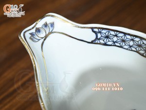 Bát thuyền sâu men lam cổ Sen Cát Tường, vẽ vàng 24k, 41x16cm