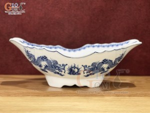 Bát thuyền sâu men trắng hoạ tiết Rồng, 30x17cm