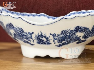 Bát thuyền sâu men trắng hoạ tiết Rồng, 30x17cm