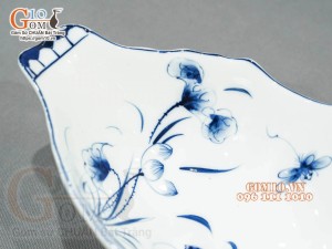 Bát thuyền sâu men trắng vẽ hoa sen tràm cổ, 30x17cm
