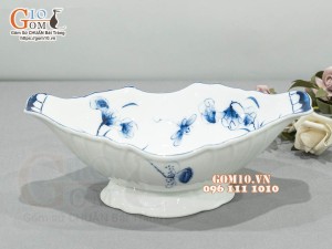 Bát thuyền sâu men trắng vẽ hoa sen tràm cổ, 30x17cm