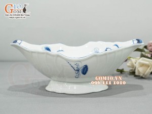 Bát thuyền sâu men trắng vẽ hoa sen tràm cổ, 30x17cm