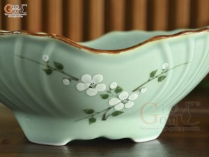 Bát thuyền sâu ngọc thanh dương vẽ hoa Đào, 30x17cm