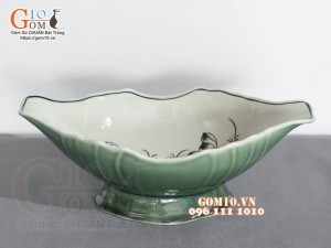 Bát thuyền sâu xanh đồng vẽ Sen, 30x17cm