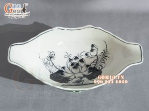 Bát thuyền sâu xanh đồng vẽ Sen, 30x17cm