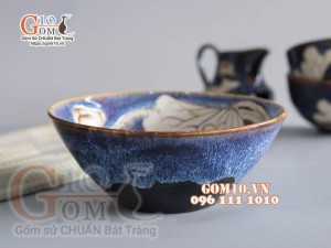 Bát tô bệt men hỏa biến xanh đá khắc sen, đường kính 16cm
