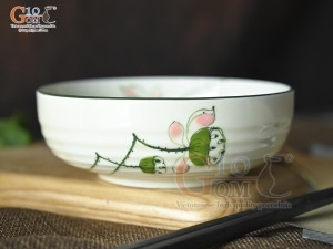 Bát tô bệt men kem vẽ đài Sen, đường kính 14cm