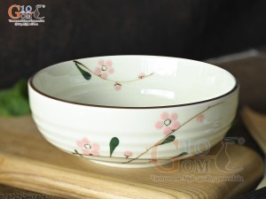 Bát tô bệt men kem vẽ hoa Đào phai, đường kính 14cm