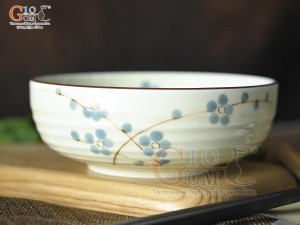 Bát tô bệt men kem vẽ hoa Đào xanh, đường kính 14cm