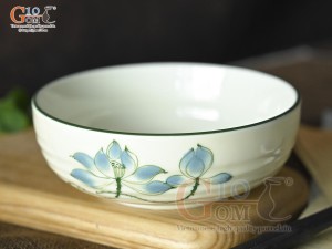 Bát tô bệt men kem vẽ hoa Sen xanh, đường kính 14cm