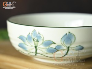 Bát tô bệt men kem vẽ hoa Sen xanh, đường kính 14cm