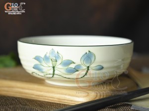 Bát tô bệt men kem vẽ hoa Sen xanh, đường kính 14cm