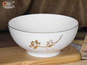 Bát tô cao men trắng hoa Sen kẻ viền vàng 24k, đường kính 16cm