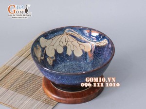 Bát tô chân cao men hỏa biến xanh đá khắc sen 21cm