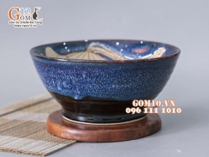 Bát tô chân cao men hỏa biến xanh đá khắc sen 19cm
