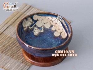 Bát tô dáng khum men hoả biến xanh đá khắc Sen, đường kính 18cm