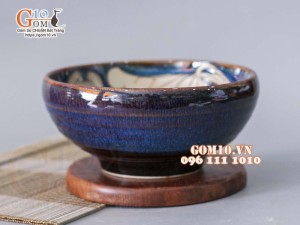 Bát tô dáng khum men hoả biến xanh đá khắc Sen, đường kính 18cm