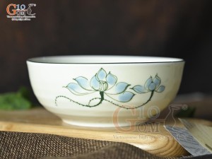 Bát tô đứng men kem vẽ hoa Sen xanh, đường kính 13cm