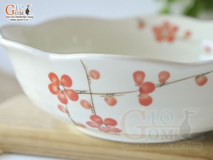 Bát tô hoa men kem vẽ hoa Đào đỏ, đường kính 20cm