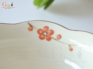 Bát tô hoa men kem vẽ hoa Đào đỏ, đường kính 20cm