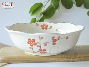 Bát tô hoa men kem vẽ hoa Đào đỏ, đường kính 20cm