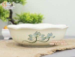 Bát tô hoa men kem vẽ Sen xanh, đường kính 20cm