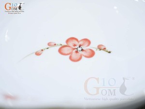 Bát tô hoa men trắng vẽ hoa Đào đỏ, đường kính 22cm