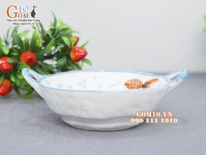 Bát tô loe dáng chảo có quai men trắng vẽ tiểu Ngư, đường kính 16cm