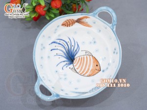 Bát tô loe dáng chảo có quai men trắng vẽ tiểu Ngư, đường kính 16cm