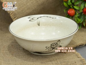 Bát tô loe men kem tấm vẽ hoa Sen, 19cm