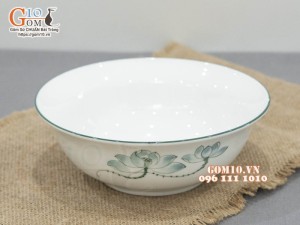 Bát tô loe men trắng vẽ Sen xanh, đường kính 19cm