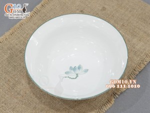 Bát tô loe men trắng vẽ Sen xanh, đường kính 19cm