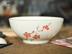 Bát tô men kem vẽ hoa đào đỏ, 18cm