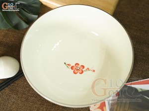 Bát tô men kem vẽ hoa đào đỏ, 18cm