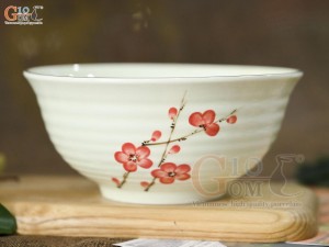 Bát tô men kem vẽ hoa đào đỏ, 18cm