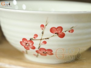 Bát tô men kem vẽ hoa đào đỏ, 18cm