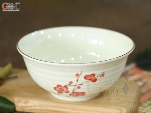 Bát tô men kem vẽ hoa đào đỏ, 18cm